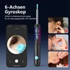 A marketing image showcasing an ear cleaning device with a smartphone displaying its camera feed, along with illustrations of incorrect ear cleaning methods. Produktbild-Vorschau