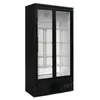 A black commercial refrigerator with glass sliding doors, displayed against a white background. Produktbild-Vorschau