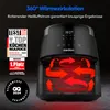 A black air fryer with red arrows indicating heat circulation, surrounded by marketing badges and text. Produktbild-Vorschau