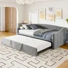A gray daybed with a pull-out trundle bed is shown in a bedroom setting with artwork on the wall and a patterned rug on the floor. Produktbild-Vorschau