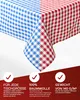 A close-up of a red and blue checkered tablecloth draped over a table, with marketing text and icons below. Produktbild-Vorschau