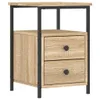 A product shot of a wooden nightstand with two drawers and black metal legs, presented on a white background. Produktbild-Vorschau