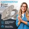 A woman is shown smiling next to a toilet seat. Text overlays provide customer service information and company details. Produktbild-Vorschau
