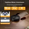 A black robot vacuum cleaner is shown on a wooden floor, with spilled liquid and text overlays highlighting its features. Produktbild-Vorschau
