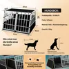 A collage of images showing a dog transport box, its dimensions, and how to measure a dog for size. Produktbild-Vorschau