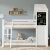 A white bunk bed with a house-like top structure, featuring a chalkboard on the side, is shown in a child's bedroom. Anteprima dell’immagine prodotto