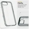 A clear phone case is shown from multiple angles, with text describing its features. Voir les images du produit