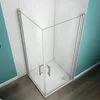 A modern shower enclosure with glass doors and silver handles, set against a tiled wall and turquoise wall. Produktbild-Vorschau