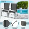 Two folding garden chairs are shown in front of a swimming pool and tropical plants. Smaller circular images highlight the fabric, metal frame, and foot caps of the chairs. Produktbild-Vorschau
