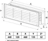 A technical drawing of a ventilation grille with dimensions labeled and a table of measurements. Podgląd zdjęcia produktu