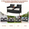 A collage showing a two-seater rattan sofa with cushions and a table, displayed in different outdoor settings: by a pool, in a garden, on a patio, and on a deck. Produktbild-Vorschau