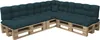 A sectional sofa made from wooden pallets and dark green cushions. Voir les images du produit