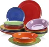 A collection of colorful ceramic dinnerware, including plates and bowls, arranged in stacks. Produktbild-Vorschau