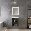A modern bathroom vanity with a sink, cabinet, and mirror against a marble-tiled wall. Produktbild-Vorschau