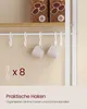 A close-up view of a shelf with coffee bean packages and S-hooks holding two white cups. Produktbild-Vorschau