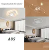 A split image showing a bedroom with a ceiling light on and off, with text overlays. Produktbild-Vorschau
