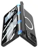 A black phone case is shown with a transparent front cover revealing a phone screen with a mountain landscape. Blue lines indicate magnetic connections. Anteprima dell’immagine prodotto