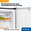 Close-up view of the inside of a mini refrigerator, with food containers on a shelf and text overlays. Produktbild-Vorschau