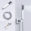 A collage of images showing a shower system with a hand shower, hose, and mounting bracket. Produktbild-Vorschau