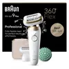 A product shot of a Braun Silk-épil 9 Flex epilator with accessories against a black background, featuring promotional text and graphics. Voir les images du produit