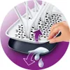A hand is shown adjusting a white drying rack for baby bottles, with water droplets falling from it into a black tray below. Purple arrows indicate the flow of water. Produktbild-Vorschau