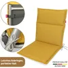 A yellow garden chair cushion is shown against a white background, with close-up insets highlighting attachment features. Produktbild-Vorschau