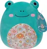 A teal frog plush toy with a floral belly and a product tag. Produktbild-Vorschau