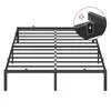 A black metal bed frame is shown against a white background. A circular inset in the top right corner shows a close-up of a joint with a sound icon and an arrow indicating assembly. Produktbild-Vorschau