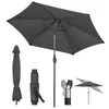 A dark gray patio umbrella is shown open, with its pole and crank mechanism displayed separately. A folded version of the umbrella and a close-up of the crank mechanism are also visible, along with a small inset showing the umbrella tilted. Produktbild-Vorschau