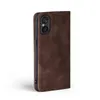 A dark brown flip-style phone case for a Sony Xperia 5 V is shown from a side angle against a white background. Produktbild-Vorschau