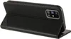 A black leather flip case for a smartphone is shown from a side angle, with the front cover folded back to reveal the camera array of the phone. Produktbild-Vorschau