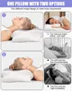 Collage showing a pillow with two height options and descriptions of its benefits and drawbacks. Produktbild-Vorschau