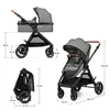 A collage of images showing a stroller from different angles and with dimensions indicated. Náhled obrázku produktu