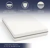 A white mattress with black trim is shown at an angle against a gradient background. Icons and text describing product features are displayed above the mattress. Podgląd zdjęcia produktu