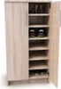 A wooden shoe cabinet with its door open, displaying shoes on shelves. Podgląd zdjęcia produktu