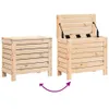 Two wooden storage boxes are shown side-by-side on a white background. One box is closed, and the other is open with its lid propped up by hydraulic arms. Purple arrows indicate the movement of the lid. Produktbild-Vorschau