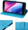 A collage of images showing a blue flip case for a ZTE Blade A35 Lite phone, with close-ups of the case's texture and closure. Produktbild-Vorschau