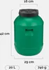 A green plastic barrel with measurement indicators and capacity/weight information. Produktbild-Vorschau