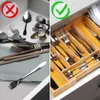 A split image showing a disorganized cutlery drawer on the left with a red 'X' and an organized cutlery drawer on the right with a green checkmark. Náhľad obrázku produktu