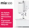 A digital sewing machine is shown with descriptive text on the left. Produktbild-Vorschau