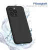 A black phone case is shown with water splashing around it, suggesting water resistance. Produktbild-Vorschau