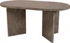 A studio shot of an oval dining table with a gray wood-look finish and V-shaped legs. Produktbild-Vorschau