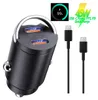 A black car charger with two USB-C ports and two USB-C cables, along with marketing text and a charging indicator. Produktbild-Vorschau