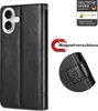 A black flip phone case with a magnetic closure and card slots, shown with marketing graphics. Produktbild-Vorschau