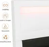 Close-up of a white upholstered bed frame with a black base, featuring icons and text describing product features. Náhled obrázku produktu