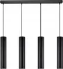 A black, four-light pendant lamp with cylindrical shades, suspended from a rectangular bar. Produktbild-Vorschau