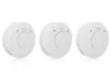 Three white smoke detectors are arranged in a row against a white background. Produktbild-Vorschau