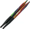 Two knitting needles with a multicolor wooden design and black handles, isolated on a white background. Produktbild-Vorschau
