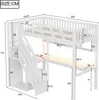 A diagram of a white loft bed with a desk and stairs, showing dimensions. Voir les images du produit