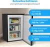 A small freezer with its door open, displaying its interior drawers and contents. Text overlays highlight its features. Produktbild-Vorschau